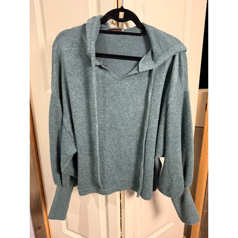 Zenana Women Blue Marl Hooded Knit Top Dolman Sleeve Balloon Cuff Sweater